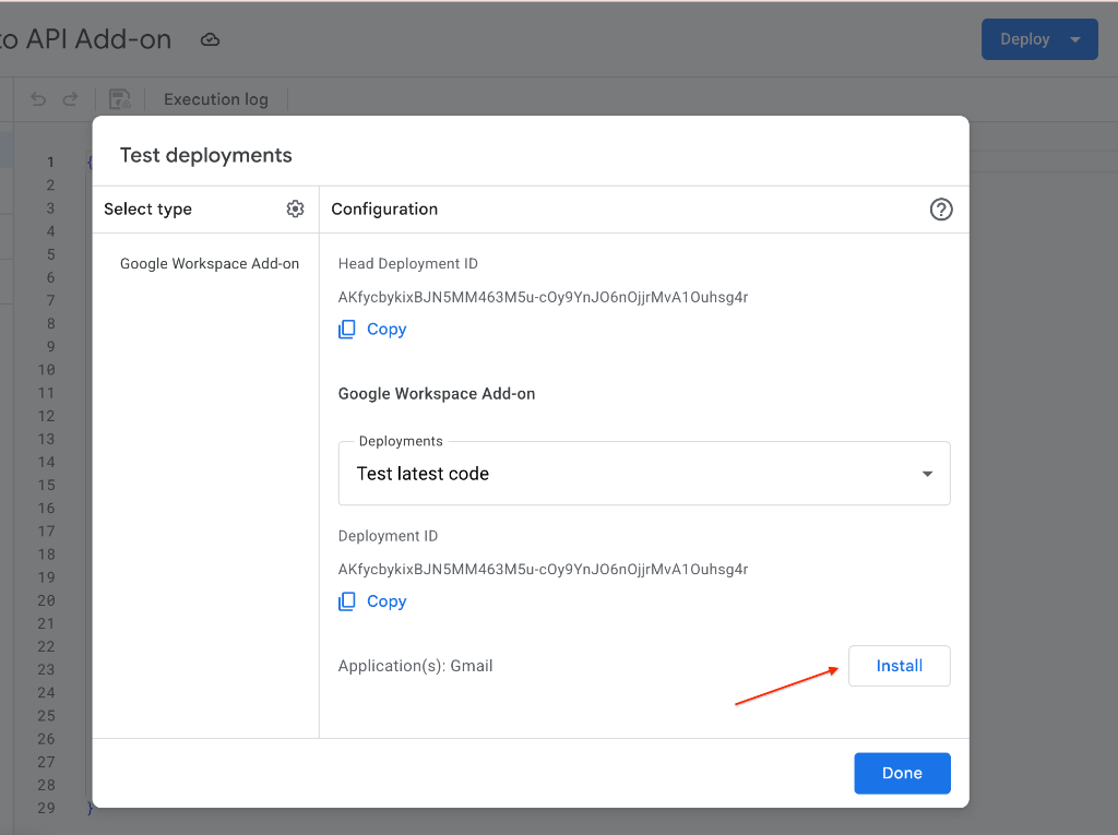 Apps Script dashboard showing the project settings page and highlighting the manifest toggle checkbox