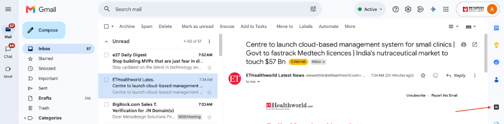 Gmail interface showing the right sidebar with the installed CRM Add-on icon and the Matching Deals Found UI